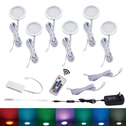 DC5-24V 2W/PCS 6PCS RGB Color Changing LED Under Cabinet Puck Lights Kit, With RF Remote Control